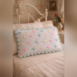 Vintage Hand-Crocheted Wool Blend Pillow Sham | Pastel Rosette Floral